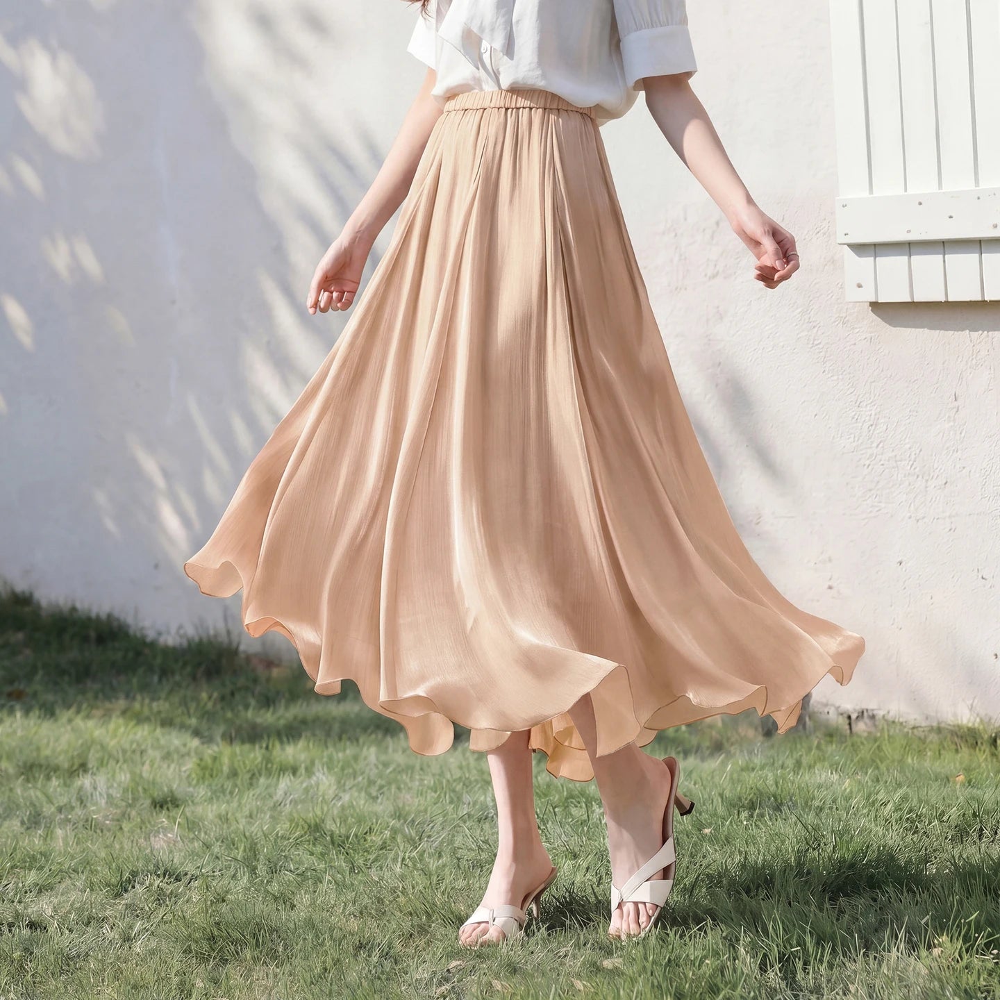 SENTUBILA Women's Summer Skirt 2026 Elegant Elastic Waist Sheen Flowy A Line Long Skirt for Woman Ladies Clothes 162QG4909