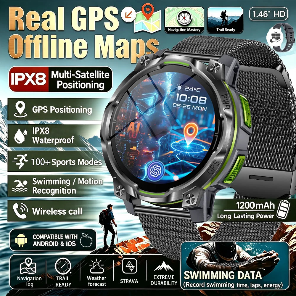 Outdoor GPS Smart Watch with Offline Maps, 1.46" AMOLED, Compass, Altimeter, IPX8
