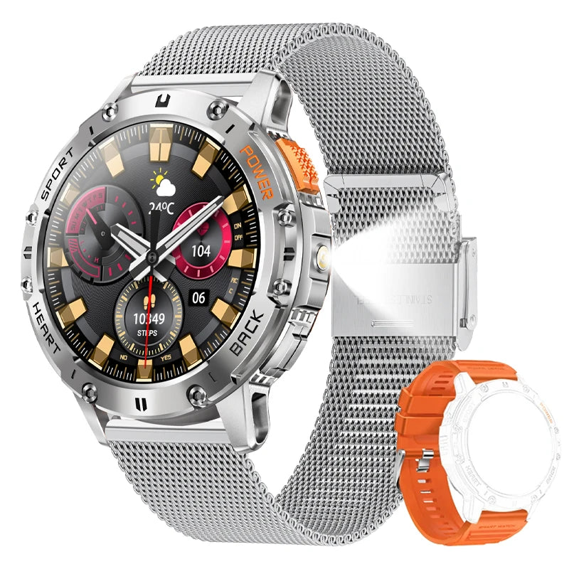 Men's AMOLED Smart Watch with LED Flashlight, Bluetooth Calling, Water Resistant