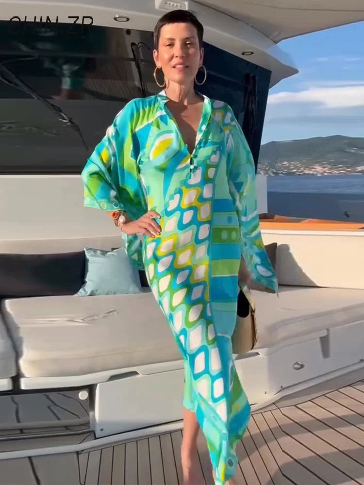 Fashion Geometric Printed Dress For Women Stand Neck Wide Sleeve Buttons Vacation Dresses 2026 Summer Lady Loose Beach Robe