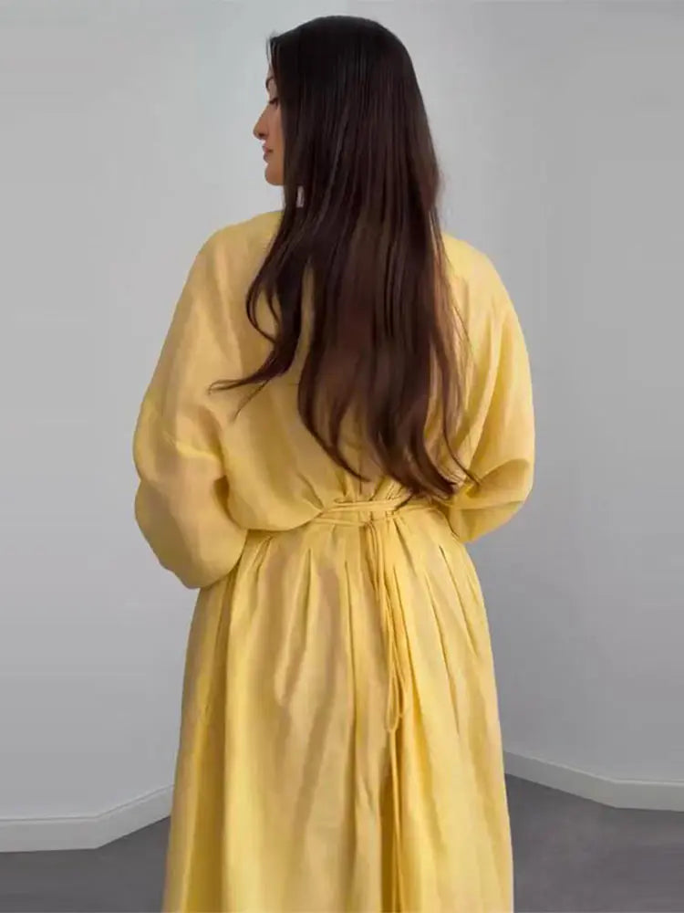 Casual Pleated Women's Dress Solid  Long Sleeve O-Neck Waist-Closed Lace-Up Dresses 2026 Chic Female Vacation Holiday Robe
