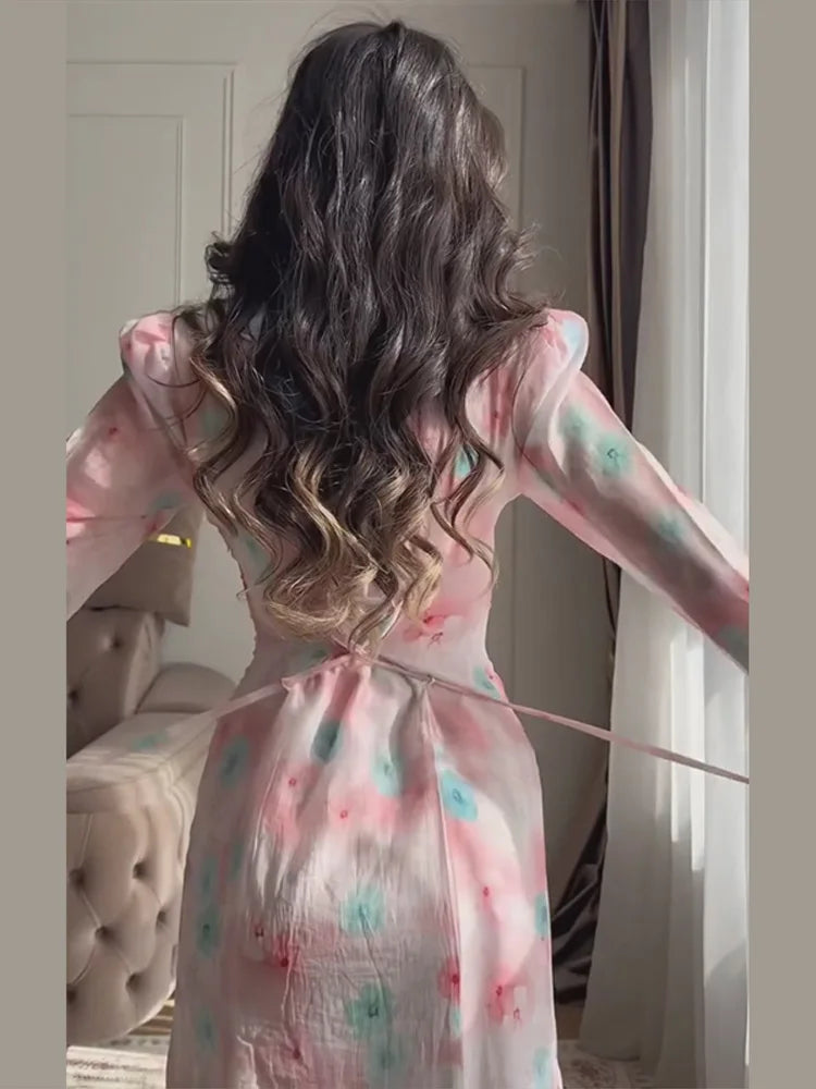 Elegant Printed V-Neck Contrast Dress Women's Side Single Breasted Lace Up Maxi Dresses 2026 Summer New Ladies Chic Party Gown