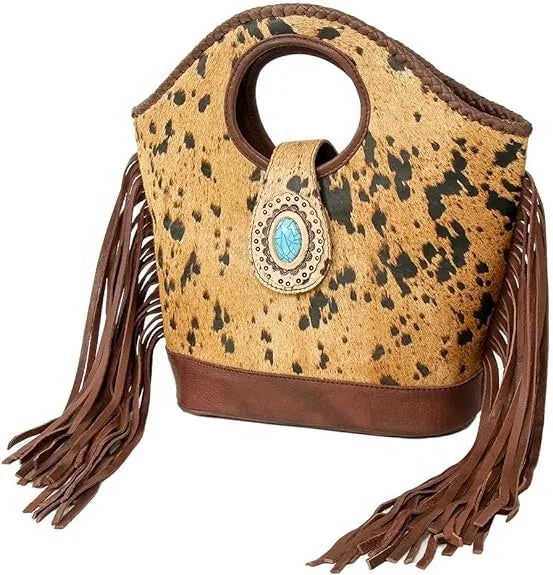 Women's Boho Fringe Shoulder Bag – Leather Crossbody Bucket Bag with Turquoise Accent