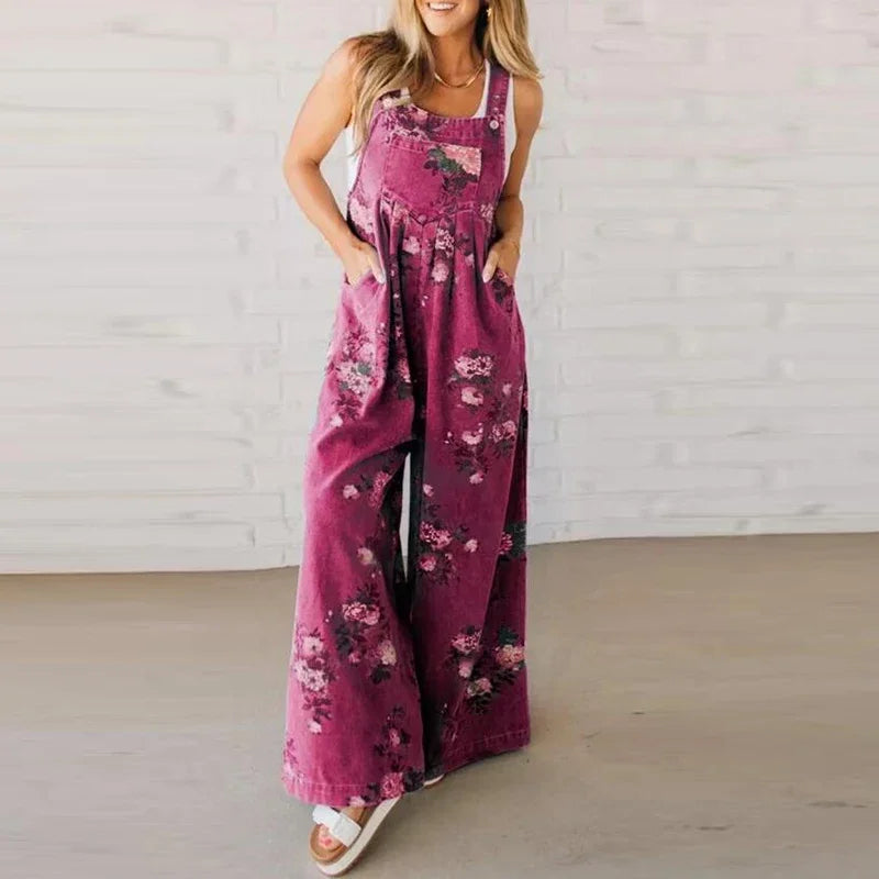 Summer Floral Printed Sleeveless Jumpsuit Women Casual Pocket Multicolor Overalls Square Wide Pants Jumpsuit Women Playsuits