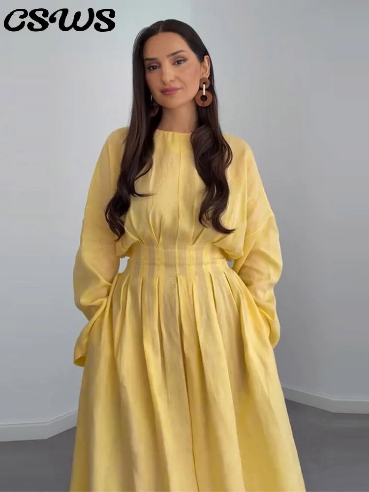 Casual Pleated Women's Dress Solid  Long Sleeve O-Neck Waist-Closed Lace-Up Dresses 2026 Chic Female Vacation Holiday Robe