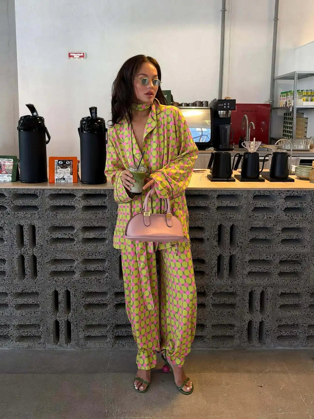 Lime Pink Polka Dot 2 Piece Set Oversized Long Sleeve Lapel Blazer Cuffed Wide Leg Trousers Sets Chic Casual Daily Outing Outfit