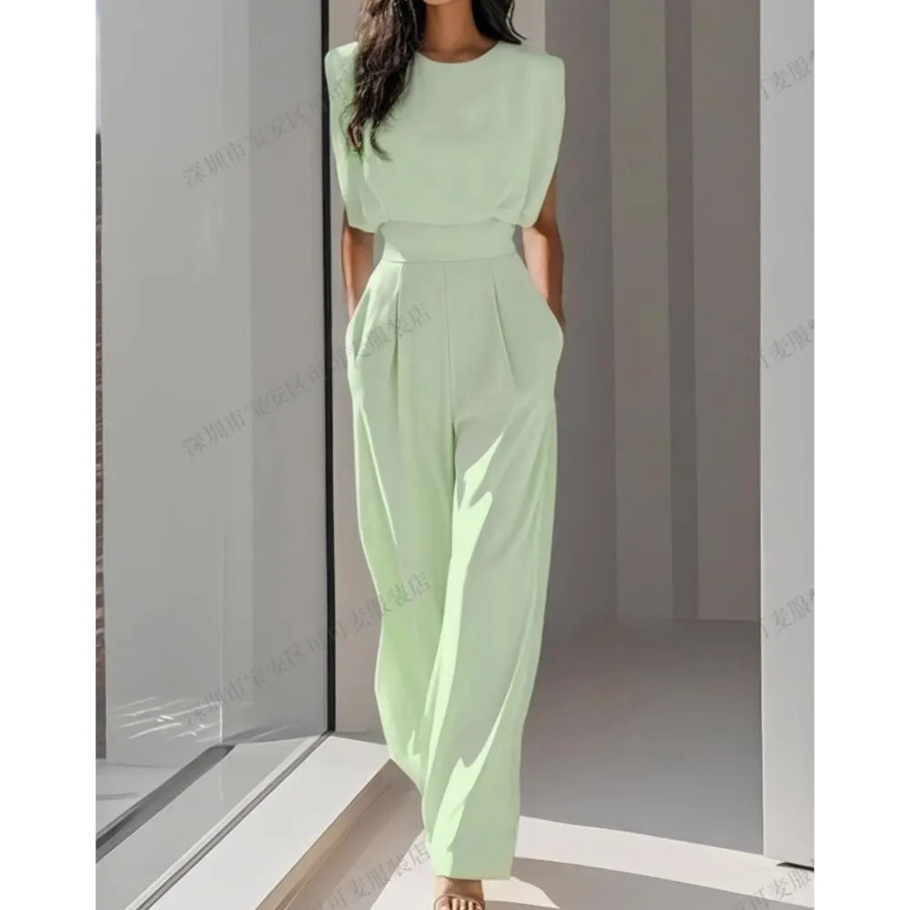 Elegant High Waisted Jumpsuit New Women's Fashion Queen Style Summer Solid Color Waistband Pocket Office Capable Jumpsuit