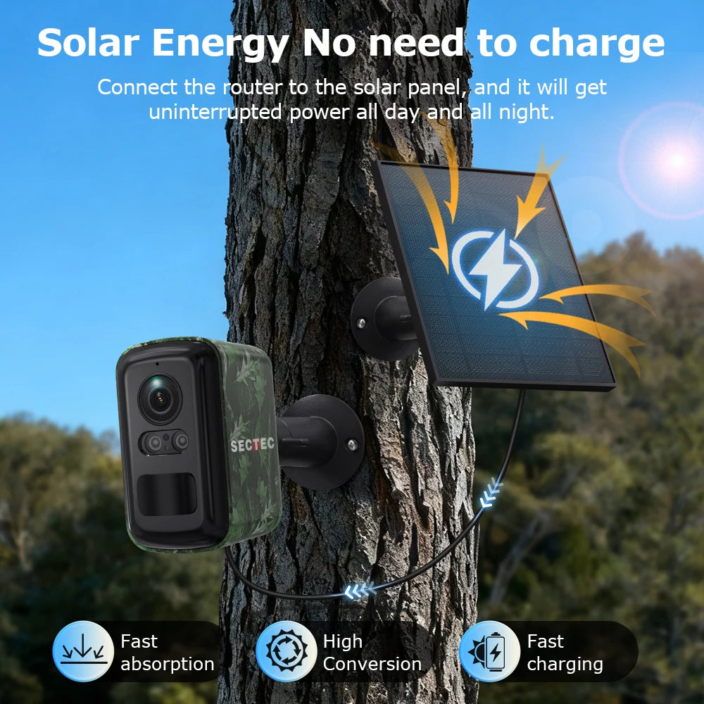 SECTEC 4G Solar Security Camera Outdoor 5MP Camouflage Wireless WiFi Battery Camera Color Night Vision PIR Human Detection IP66