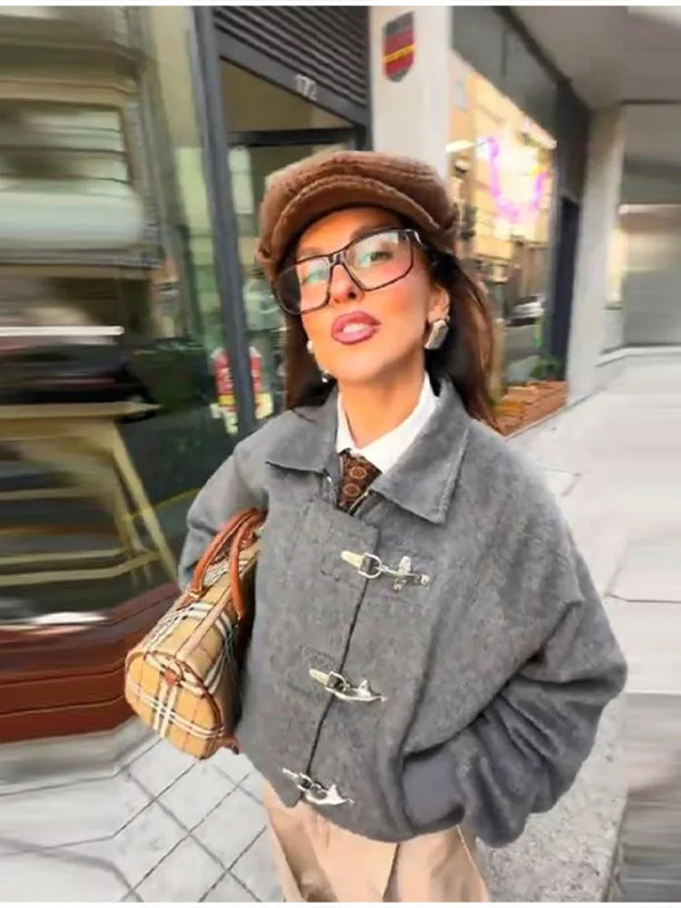 Women' S Vintage High Neck Jacket Metal Buckle Zipper Loose Coat Full Sleeve Outwears 2025 New Lady Fall Winter Streetwears