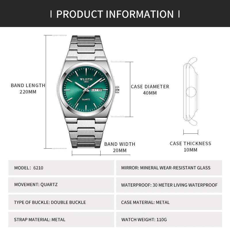 Men's Quartz Watch with Luminous Hands, Date & Week Display, Stainless Steel Band, Water Resistant