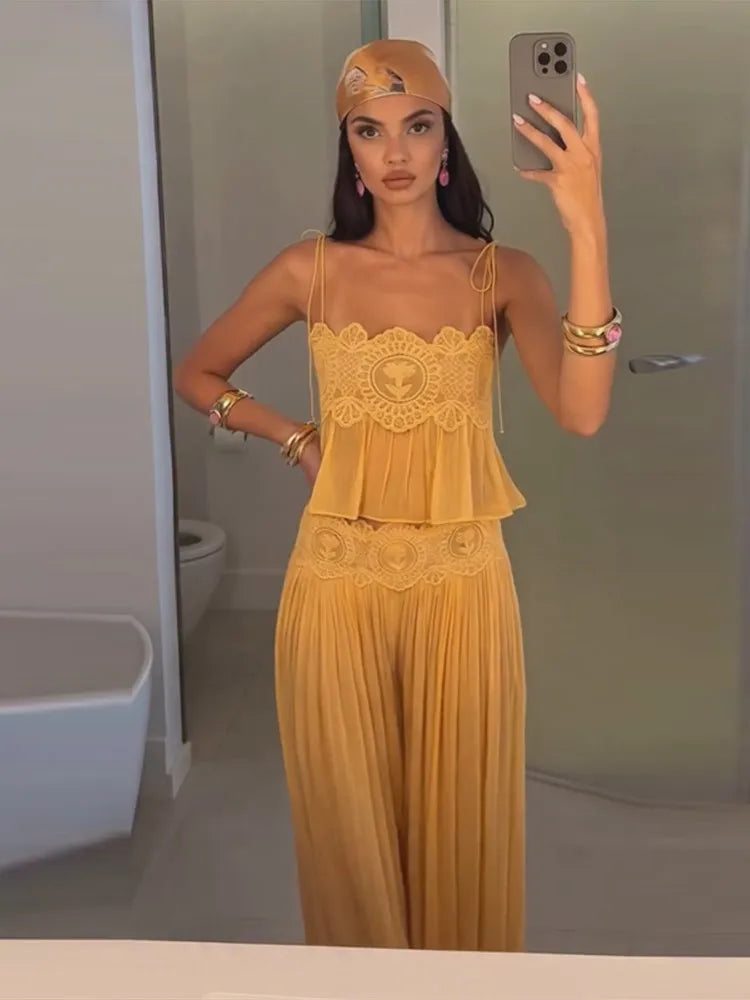 Sexy Solid Lace Vest Trouser Suits Women Sling Patchwork Lace-Up Top Wide Leg Pants Set Female 2026 Summer Chic Female Outfits