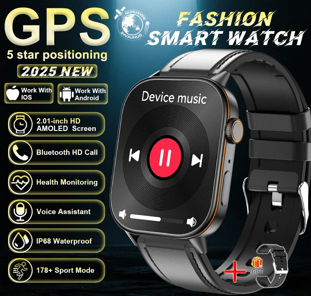 Outdoor GPS Smart Watch for Men, 2.01" AMOLED, Compass, 178+ Sports Modes