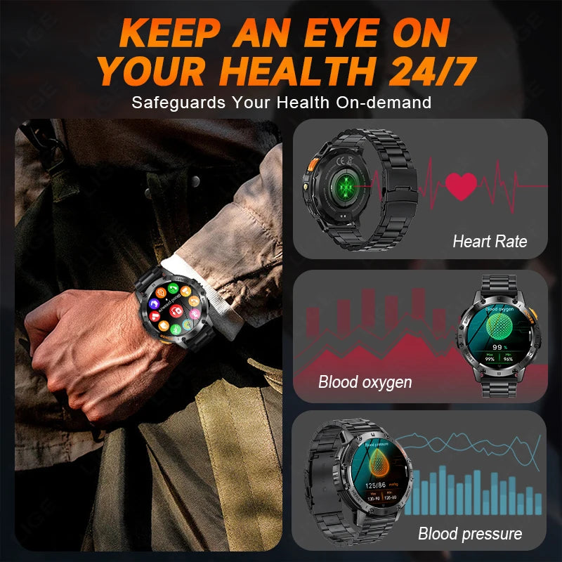 Men's AMOLED Smart Watch with LED Flashlight, Bluetooth Calling, Water Resistant