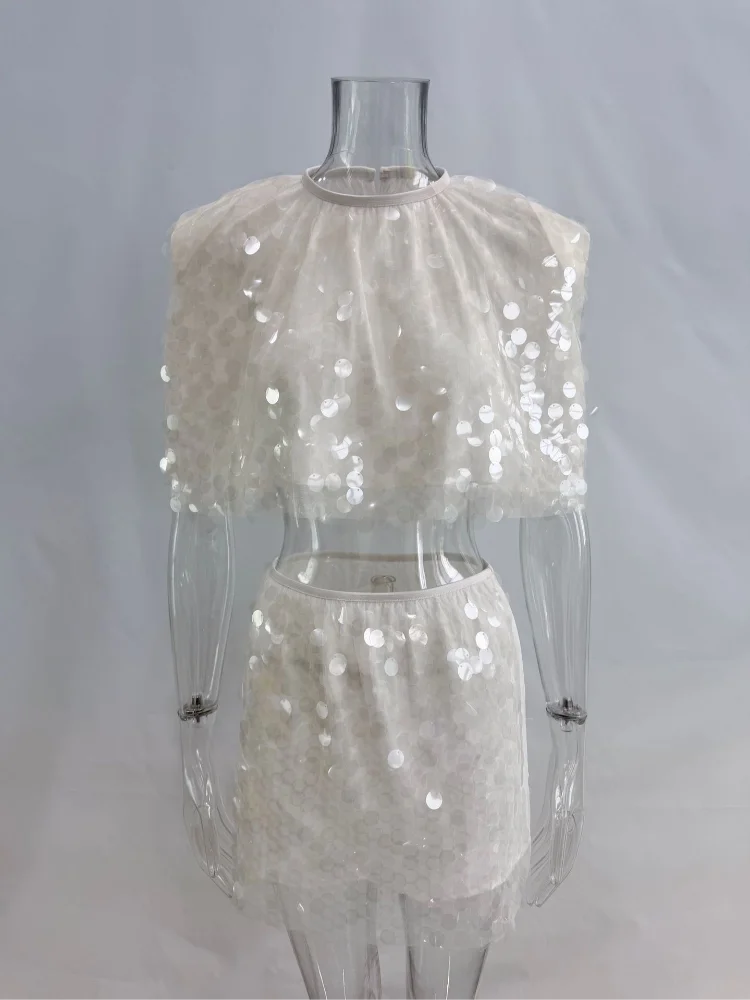 Fashion White Pleated Bubble Skirt Set Women O-neck Full Sleeve Crop Top Chic Puff Skirts Suits 2026 Lady Evening Party Outfit