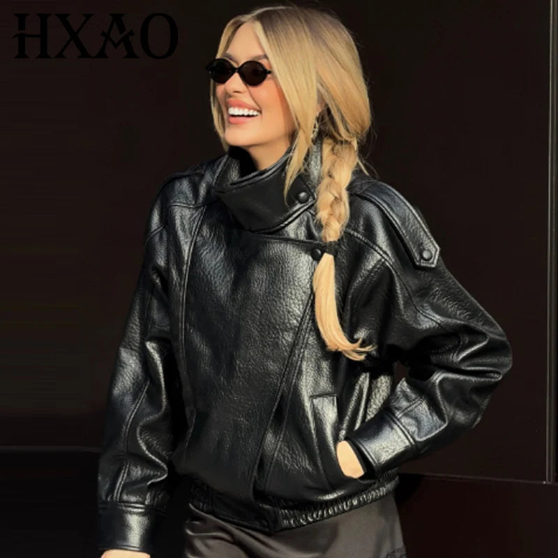 Women's Cropped Faux Leather Bomber Jacket – Oversized Zip-Up Black Jacket