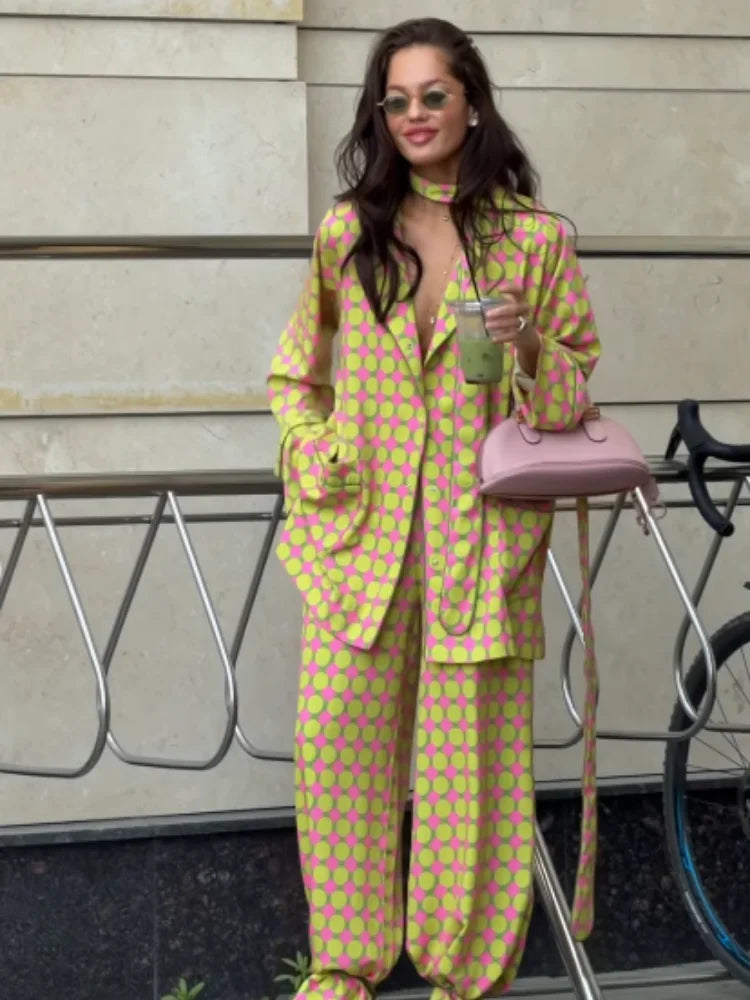 Lime Pink Polka Dot 2 Piece Set Oversized Long Sleeve Lapel Blazer Cuffed Wide Leg Trousers Sets Chic Casual Daily Outing Outfit