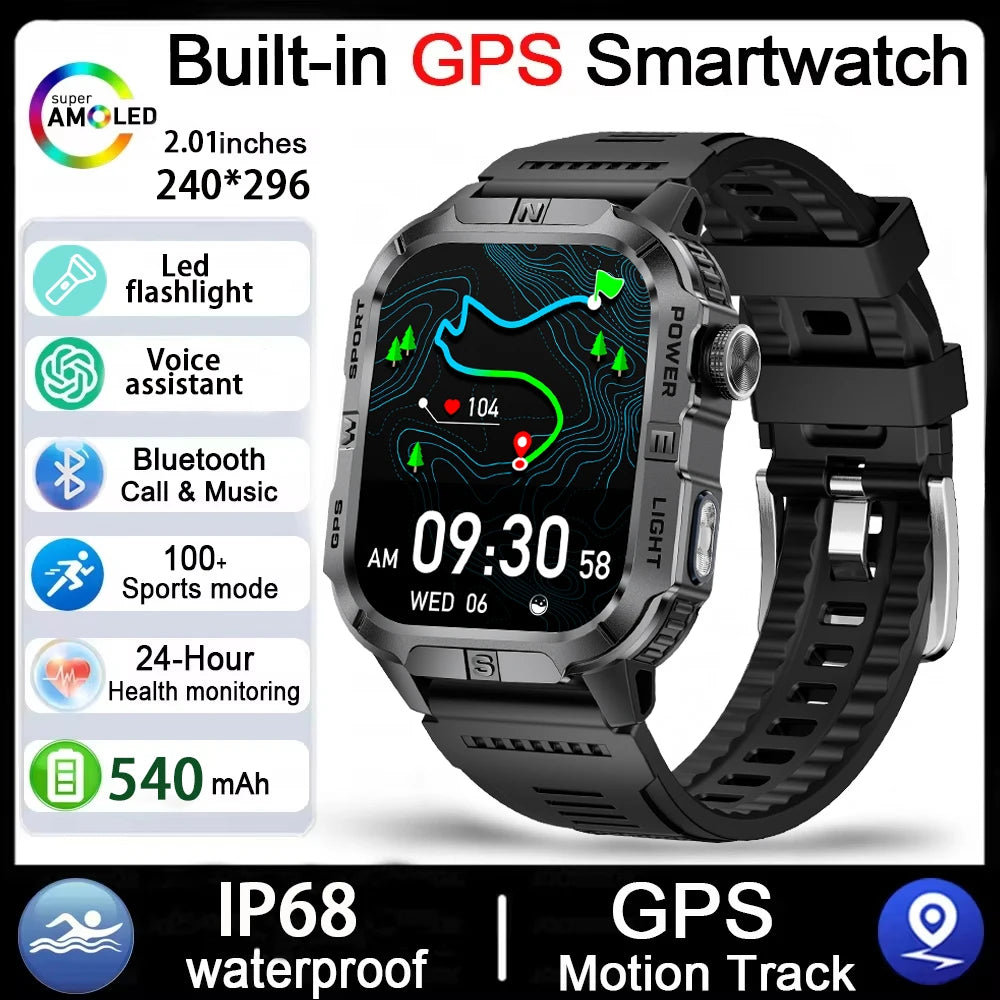 Rugged Outdoor Smart Watch for Men, 2.01" Display, GPS, Compass, LED Flashlight, IP68