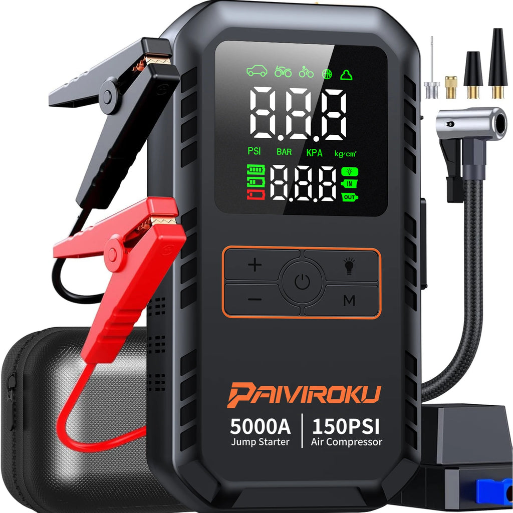 4-in-1 Car Jump Starter with Air Compressor – 5000A Peak, 150PSI, Power Bank