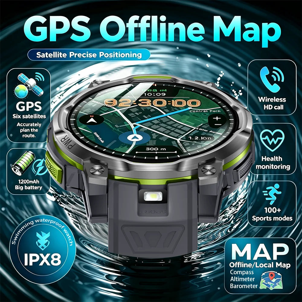 Outdoor GPS Smart Watch with Offline Maps, 1.46" AMOLED, Compass, Altimeter, IPX8