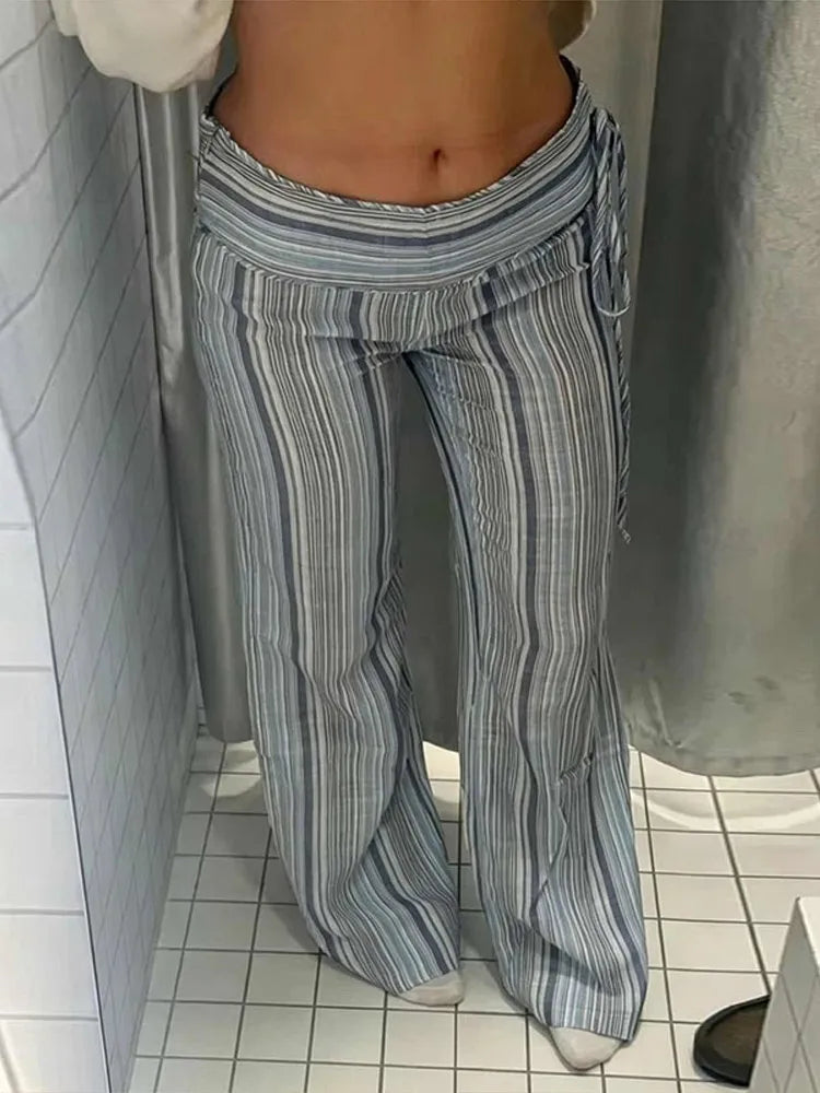 Street Print Strip Women Slim Drawstring High Waist Button Pockets All-match Pants Female 2026 Fashion Summer Autumn Bottom Lady