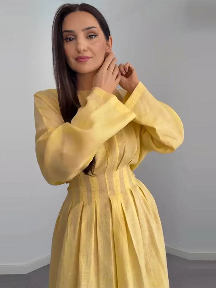 Casual Pleated Women's Dress Solid  Long Sleeve O-Neck Waist-Closed Lace-Up Dresses 2026 Chic Female Vacation Holiday Robe