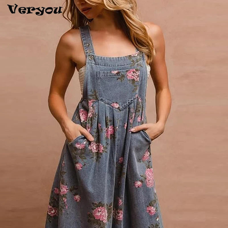 Summer Floral Printed Sleeveless Jumpsuit Women Casual Pocket Multicolor Overalls Square Wide Pants Jumpsuit Women Playsuits