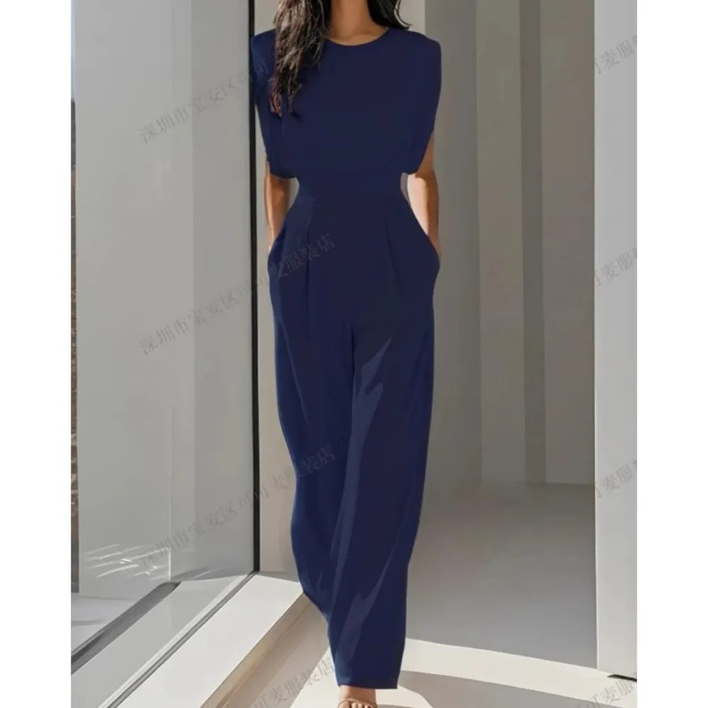 Elegant High Waisted Jumpsuit New Women's Fashion Queen Style Summer Solid Color Waistband Pocket Office Capable Jumpsuit