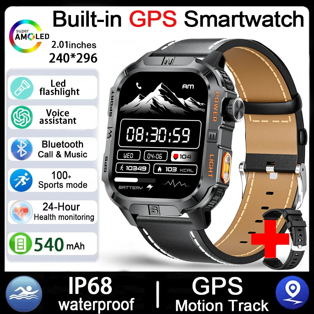 Rugged Outdoor Smart Watch for Men, 2.01" Display, GPS, Compass, LED Flashlight, IP68
