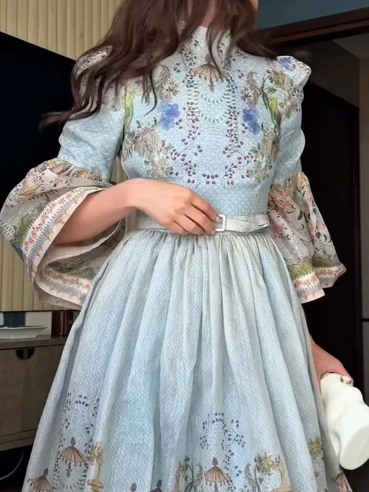 Elegant Women's Dress Full Sleeve Waist Belt A-line Hem Female Printed Dresses 2026 Summer Fashion Chic New Holiday Lady Robe