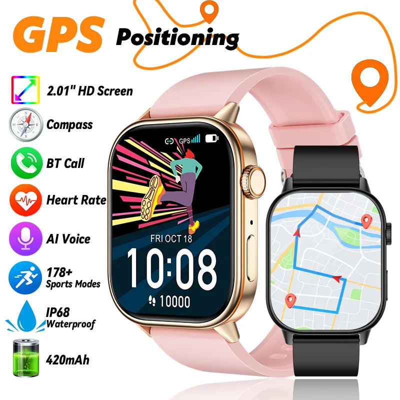 LIGE Women's GPS Smart Watch, 2.01" HD Screen, Compass, Bluetooth Calling, IP68