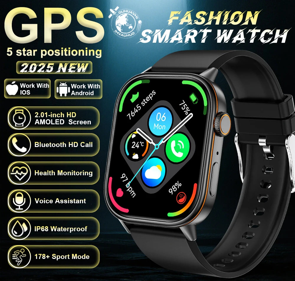 Outdoor GPS Smart Watch for Men, 2.01" AMOLED, Compass, 178+ Sports Modes