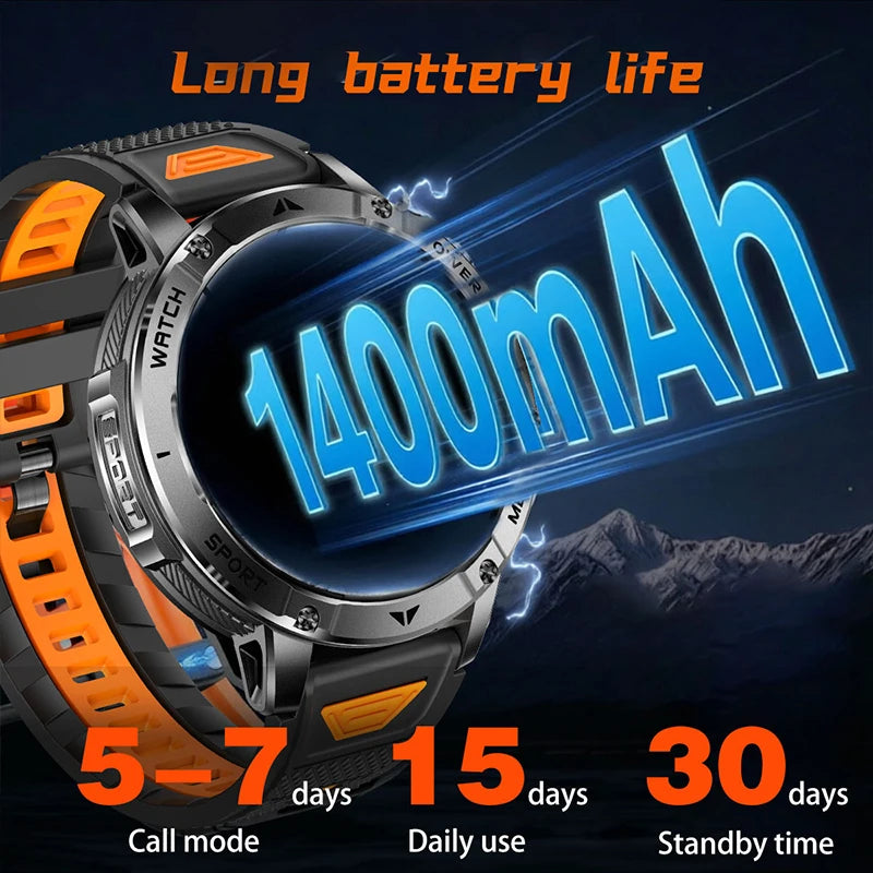 Rugged Smart Watch with 1400mAh Battery, 1.7" Display, IPX8, LED Flashlight, SOS