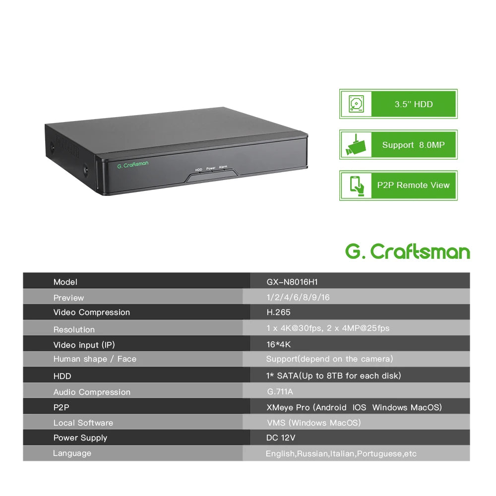 XMeye 16ch NVR 4K Network Video Recorder Register H.265X 1 HDD 24/7 Recording IP Camera P2P System Security Face
