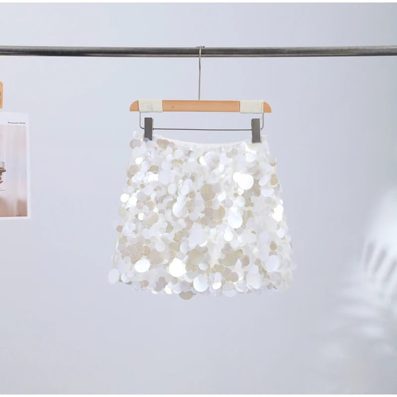 Iridescent Paillette Sequin Mini Skirt High-Waisted Flared A-Line 2026 Summer Fashion Chic Mermaid Women Beach Y2K Sweet Skirts