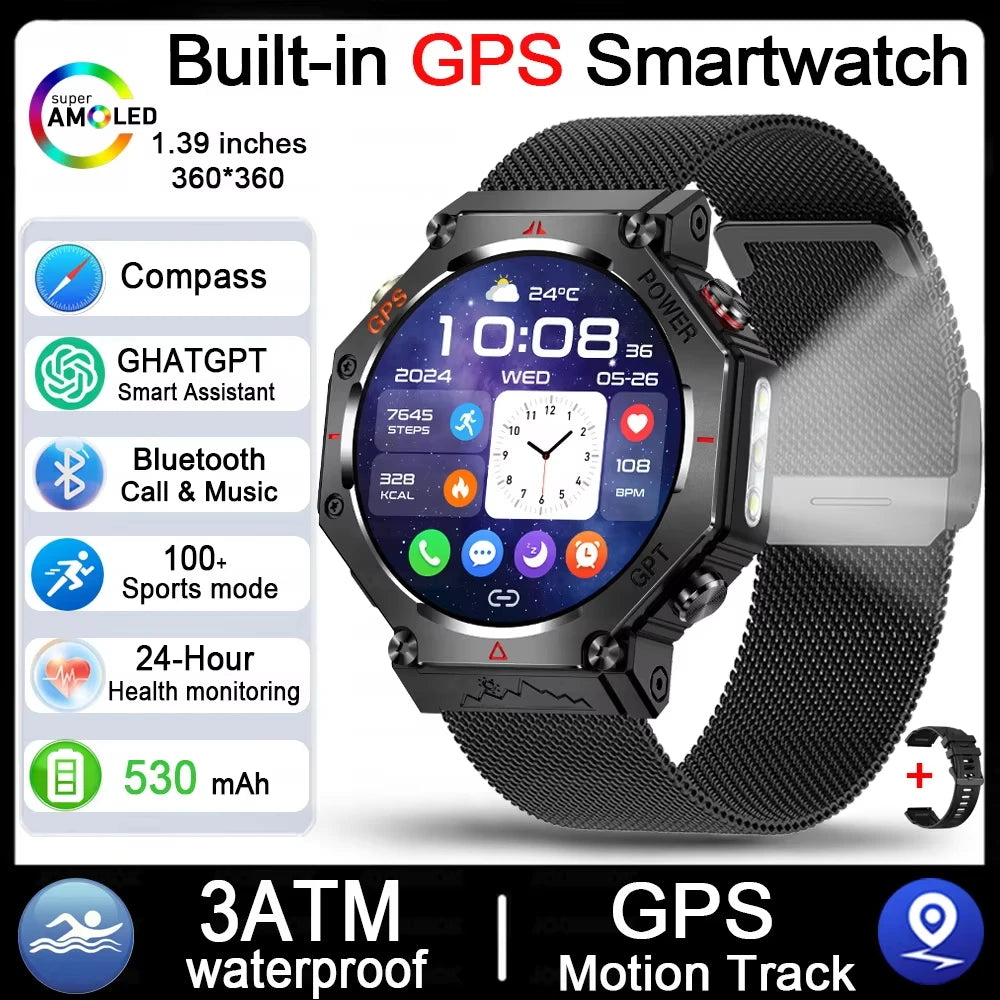 Military Outdoor GPS Smart Watch for Men, 1.39" Display, 5ATM, 530mAh Battery