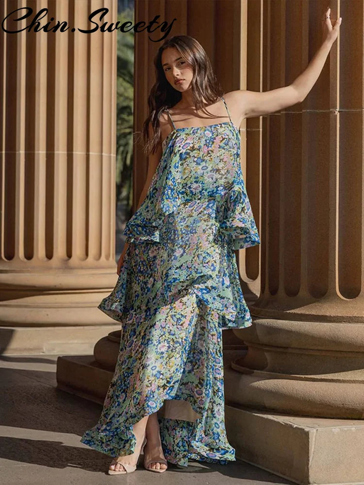 Urban Cascading Ruffle Print Women Long Dress Sexy Backless Sleeveless Slash Neck Female Dresses 2026 Summer Beach Lady Robe