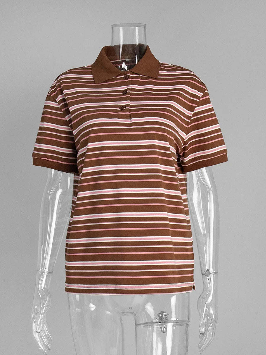 Sumuyoo Women's Retro Striped Polo T-Shirt Loose Fit Short Sleeve Casual Knitted Shirt Fashionable Summer Top for Ladies