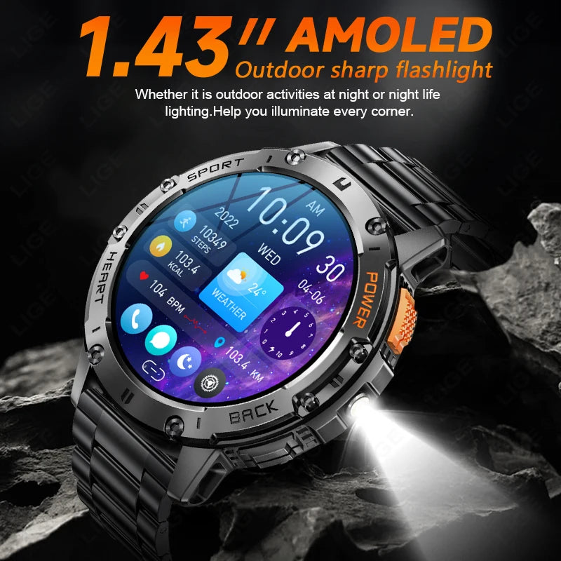 Men's AMOLED Smart Watch with LED Flashlight, Bluetooth Calling, Water Resistant