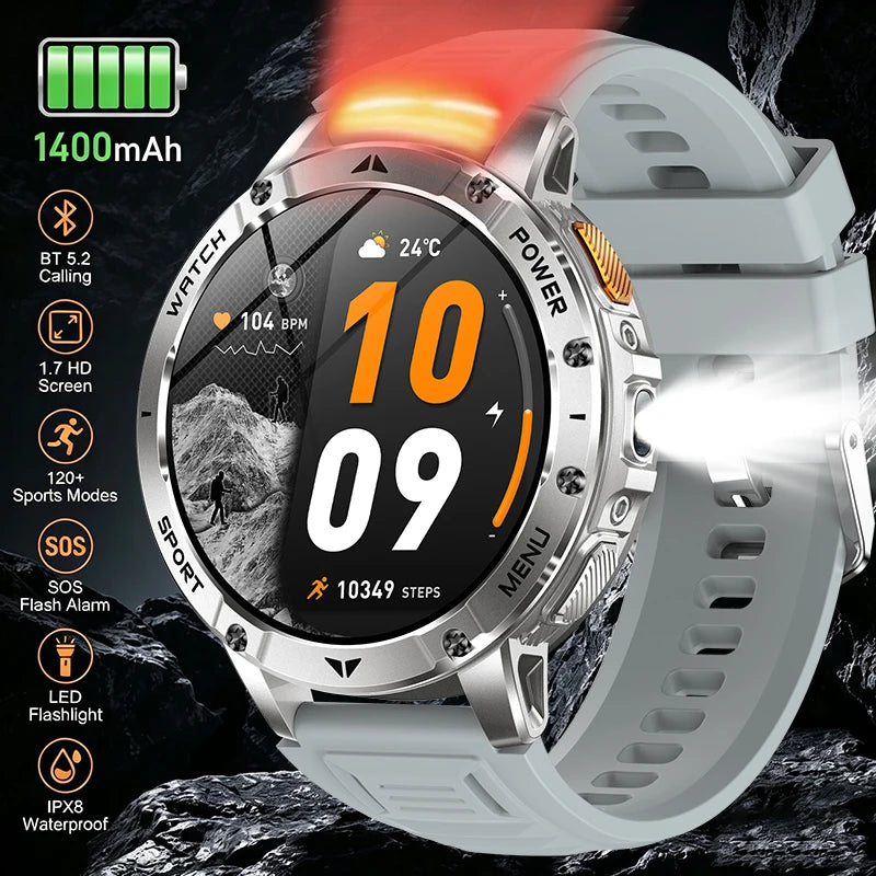 Rugged Smart Watch with 1400mAh Battery, 1.7" Display, IPX8, LED Flashlight, SOS