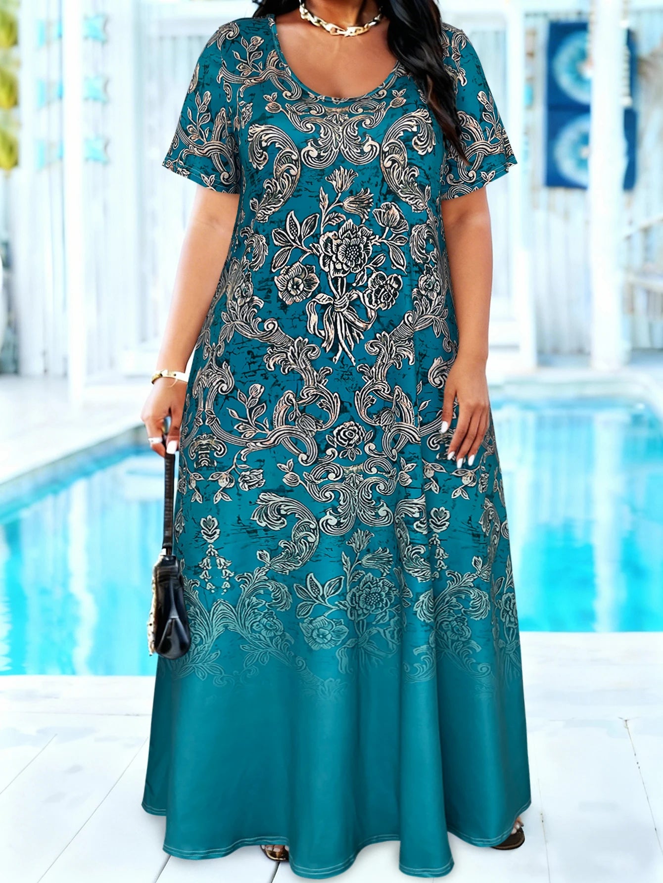 Plus Size Teal Baroque Floral Print Maxi Dress Summer Casual Short Sleeve Scoop Neck Loose Long Sundress With Pocket