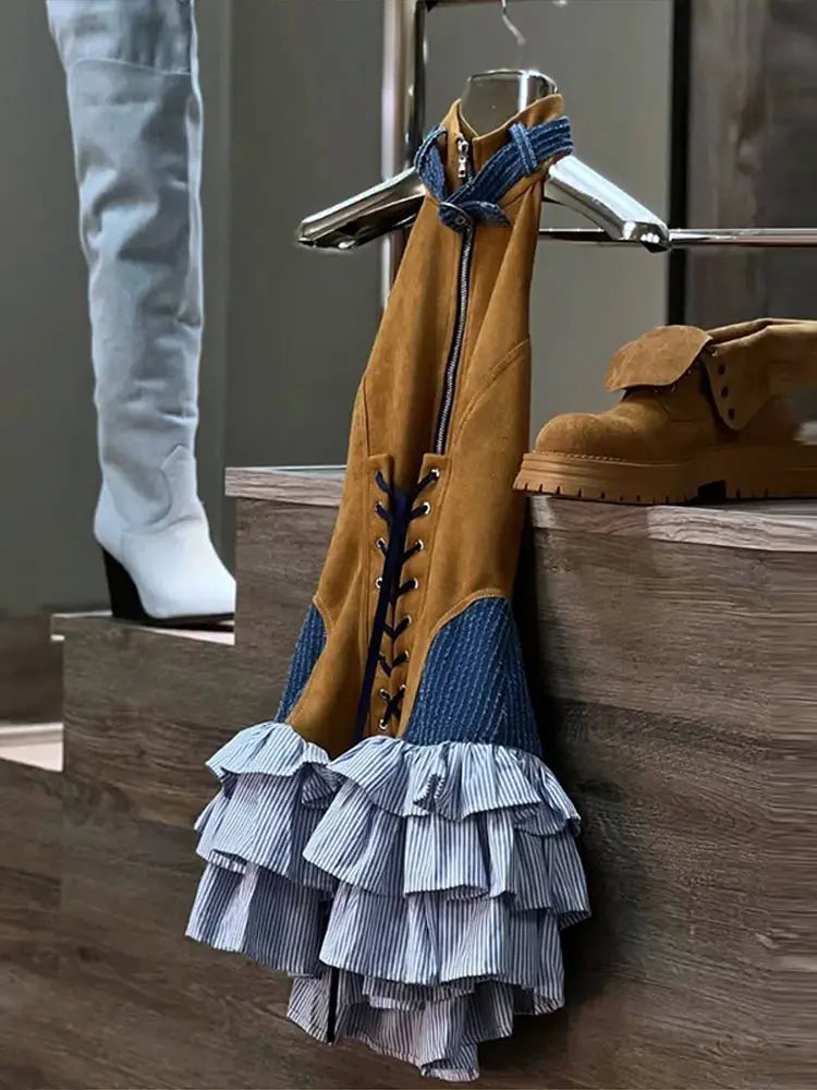 Color-Block Denim & Canvas Corset Ruffle Mini Dress Halter Neck Lace-Up Zipper Front Layered 2026 Summer Edgy Retro Women Outfit