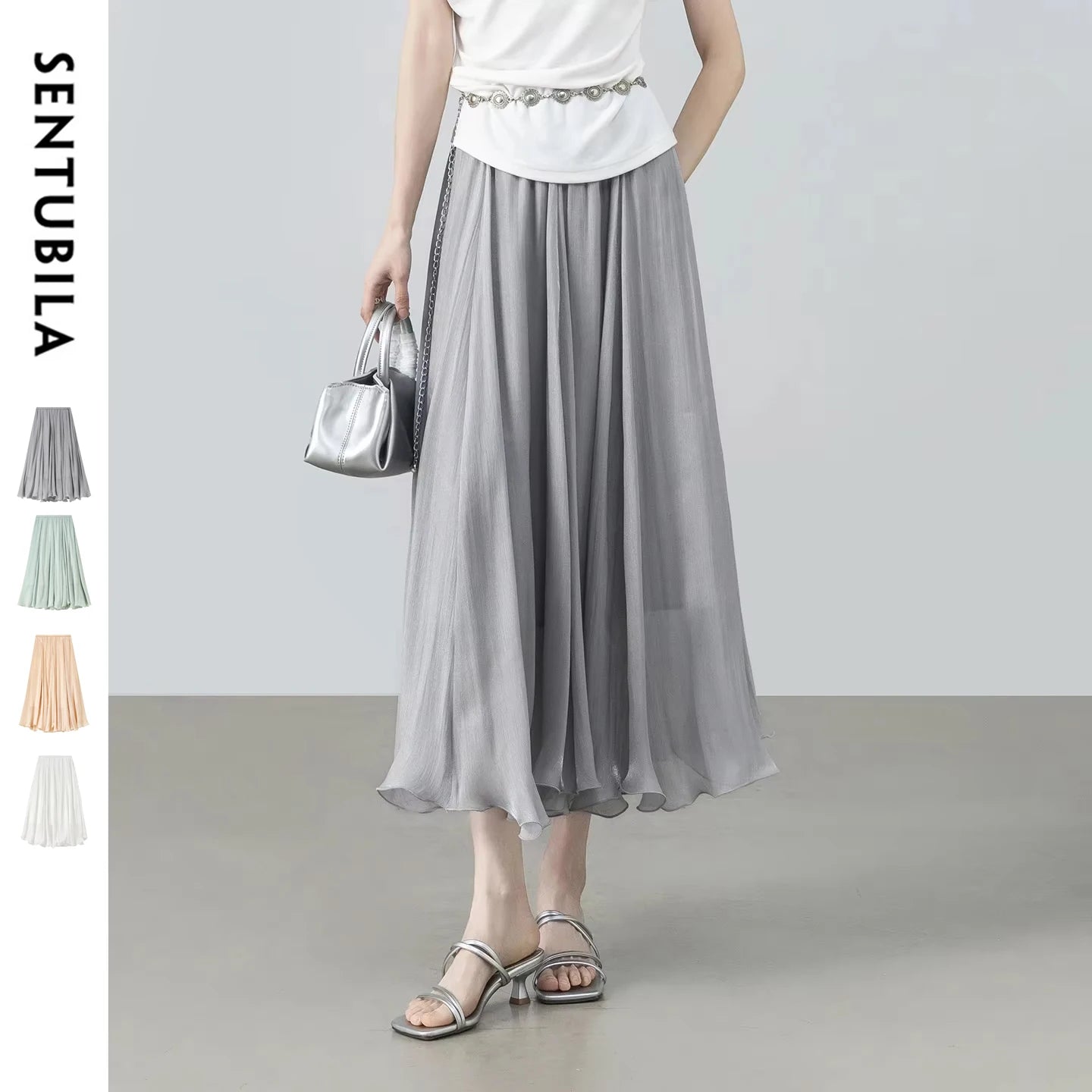 SENTUBILA Women's Summer Skirt 2026 Elegant Elastic Waist Sheen Flowy A Line Long Skirt for Woman Ladies Clothes 162QG4909