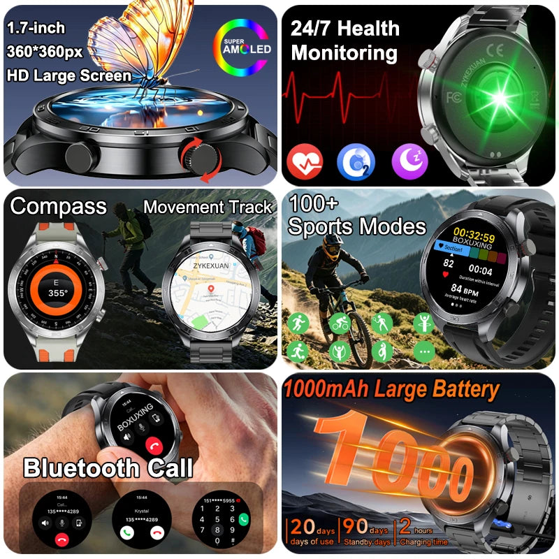 Outdoor GPS Smart Watch with AMOLED Screen, Compass, Bluetooth Calling, IP68 Waterproof