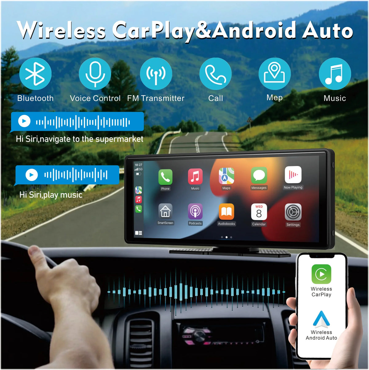 Portable Wireless CarPlay & Android Auto Touchscreen – Dashboard Car Stereo Display