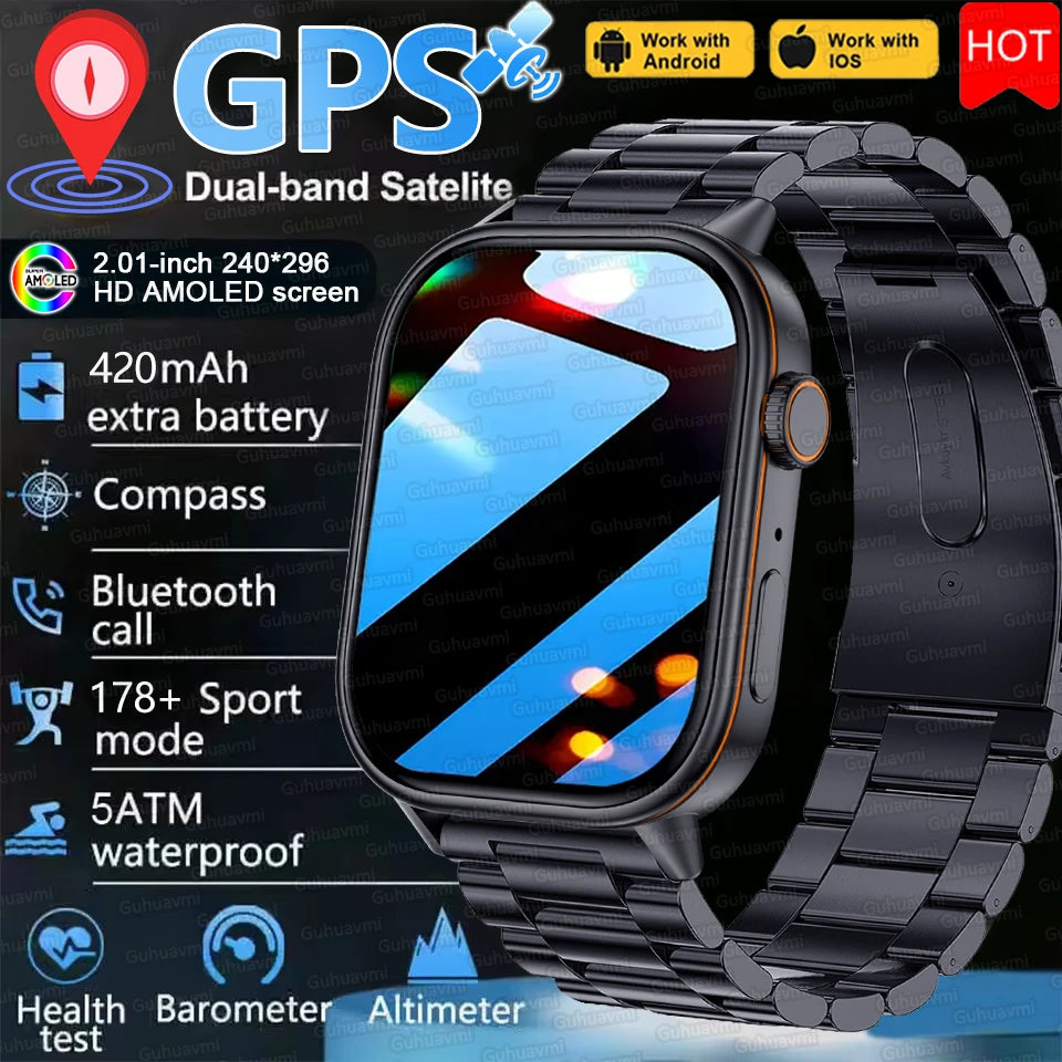 Outdoor GPS Smart Watch for Men, 2.01" AMOLED, Compass, 178+ Sports Modes