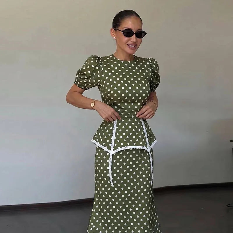 Women's Polka Dot Peplum Waist Dress Round Neck Puff Sleeve Fitted Silhouette Lace Trim Structured Midi Gown Elegant Slim