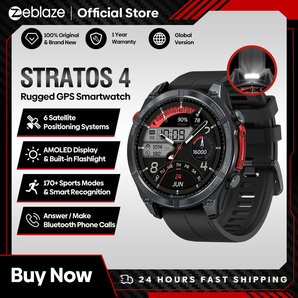 Zeblaze Stratos 4 GPS Smart Watch, 1.43" AMOLED, Compass, Altimeter, Flashlight