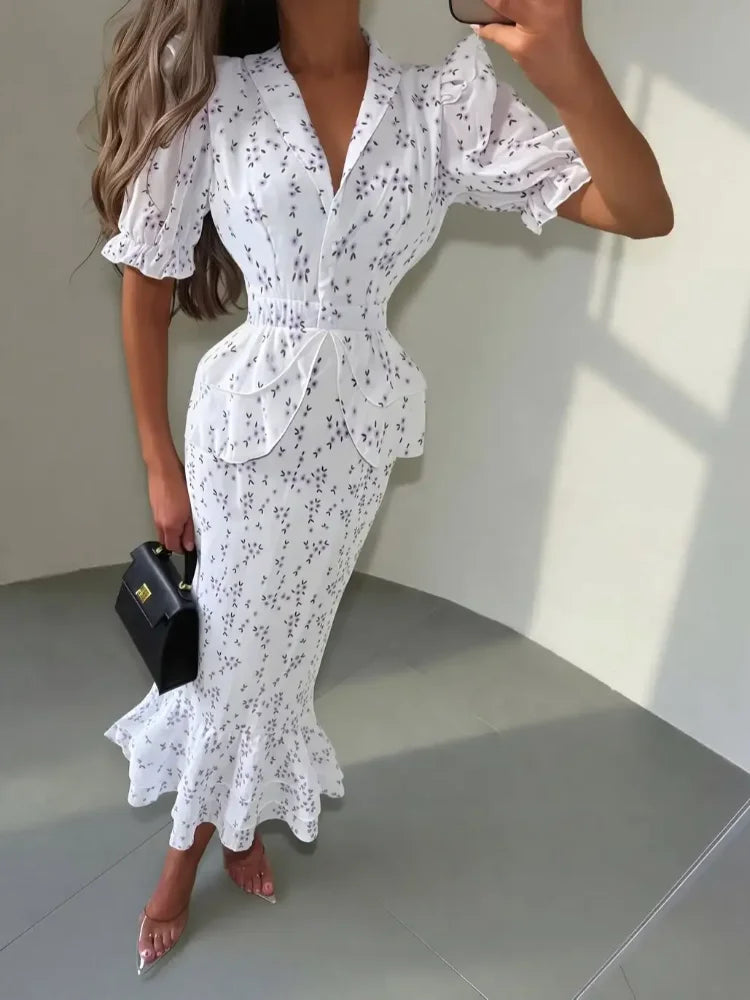 Women Elegant Printed V-neck Dress Chic Lapel Waist Cinched Pleated High Waisted Dresses 2026 Summer New Lady Vacation Vestidos