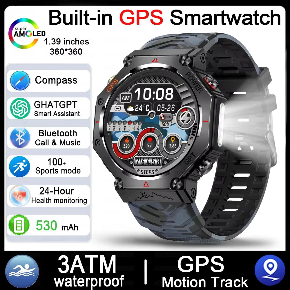 Military Outdoor GPS Smart Watch for Men, 1.39" Display, 5ATM, 530mAh Battery