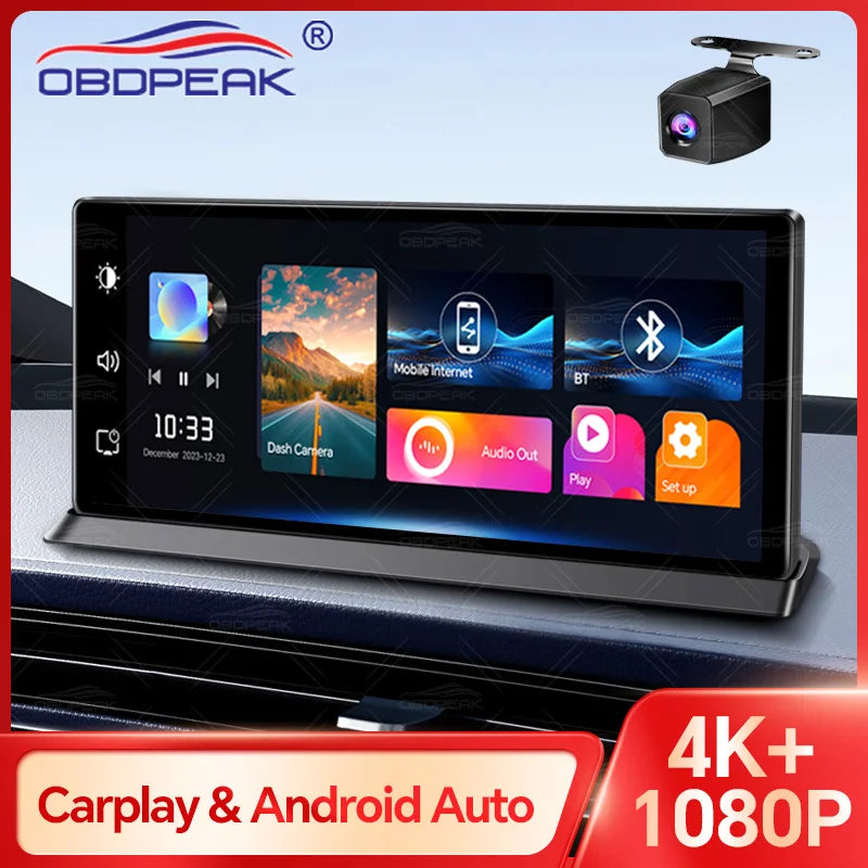 កាមេរ៉ាឡាន 4K 11.3" មាន CarPlay និង Android Auto ឥតខ្សែ – កែវពីរ ការរុករក GPS
